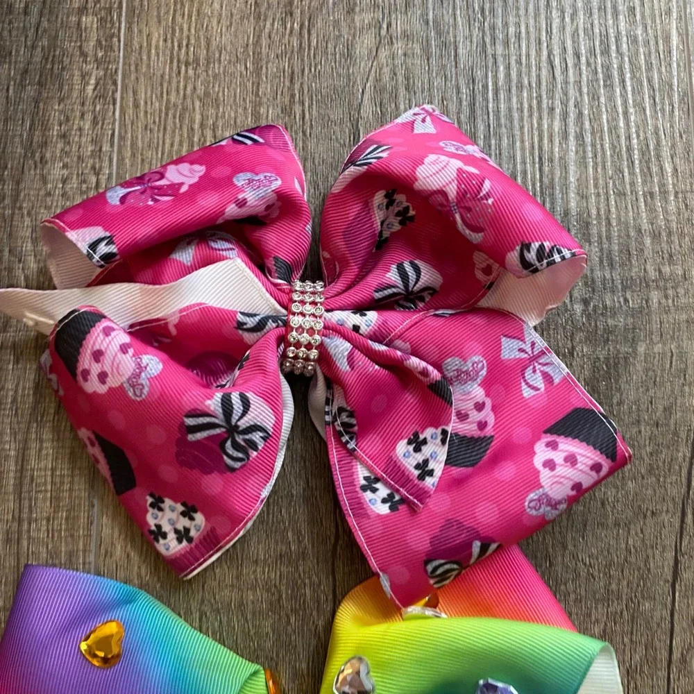JoJo Siwa Signature Hair Bows Bundle 3pc Rainbow Unicorn Cupcake Rhinestone 7in